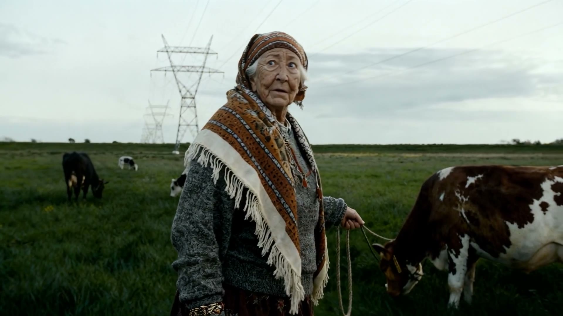 The woman in the meadow, cows and power poles